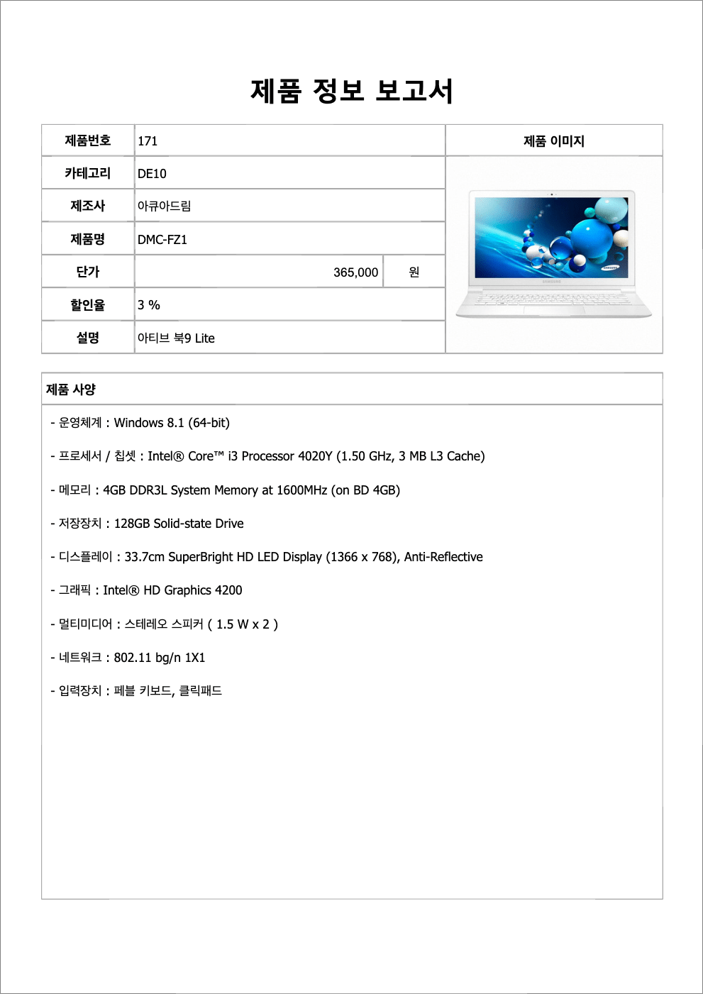 제품 정보 보고서